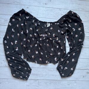 Billabong Floral Balloon Sleeve Crop Top Size Medium Black